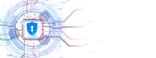 Obraz premium Digital shield with lock icon over a cyber circuit design, white background, symbolizing cybersecurity and online network data protection. 3D Rendering.