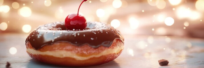 A delicious chocolate donut topped with a cherry, set against a dreamy, sparkling background.
