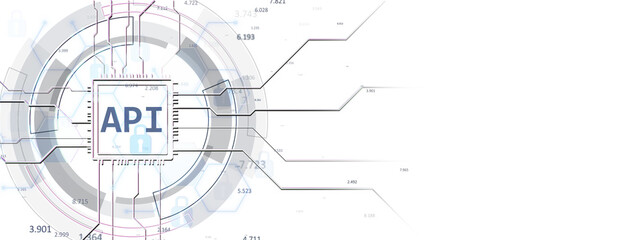 Obraz premium Abstract API interface with digital circuits and futuristic tech elements, clean white background, concept of innovation and connectivity. 3D Rendering.