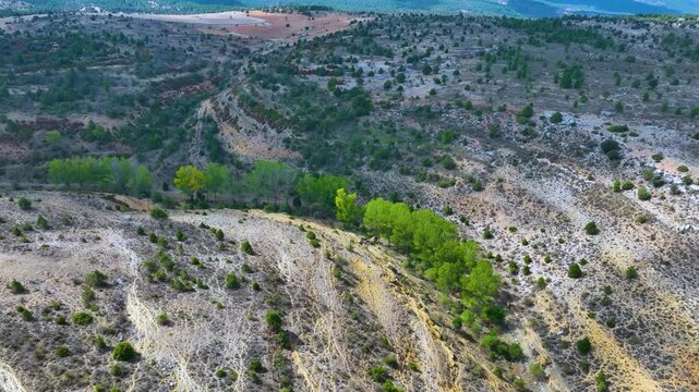Landscape in the surroundings of the village of Zaorejas. Aerial view from a drone. Molina Alto Tajo Geopark. Alto Tajo Natural Park. Guadalajara Province. Castilla la Mancha. Spain. Europe.