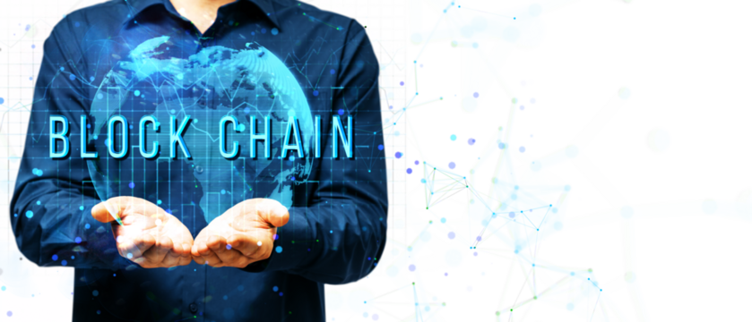 Businessman holding a glowing digital globe with BLOCKCHAIN text overlay, surrounded by network nodes and connections on a white background - Powered by Adobe