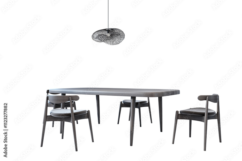 Poster modern dining table set with four sleek chairs and a stylish hanging lamp, isolated on a white backg