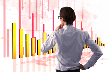Back view of man analyzing charts, red arrows, bar graphs on white background, concept of financial crisis, loss, market downturn