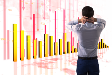 Man in formal shirt facing declining financial graph on white background, showing economic crisis, falling trend, and market loss concept