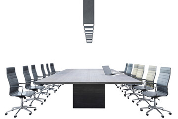 Conference room setup with a long table, chairs, and a laptop, isolated on a white background....