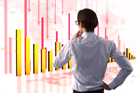 Back view of man analyzing charts, red arrows, bar graphs on white background, concept of financial crisis, loss, market downturn