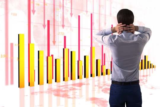 Man in formal shirt facing declining financial graph on white background, showing economic crisis, falling trend, and market loss concept