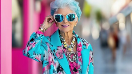 Elder woman with blue hair and bright sunglasses poses confidently in a fashion editorial shoot on a vibrant city street