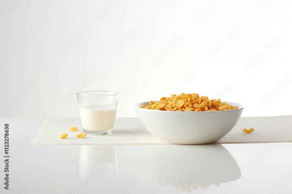 Poster a clean, minimalistic view of a bowl filled with corn flakes and milk on a light grey table, with so
