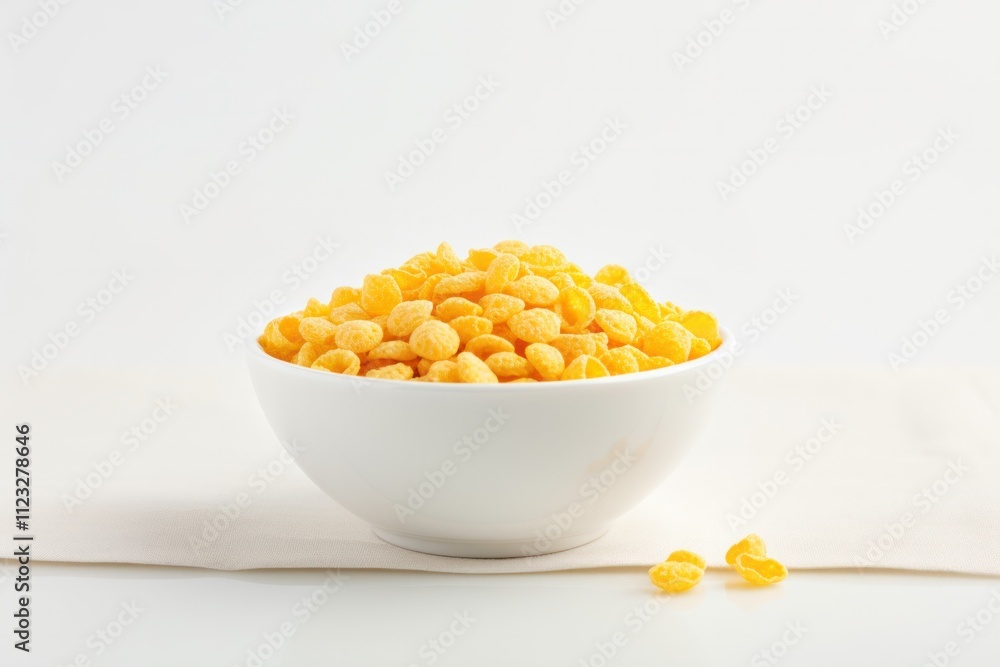 Poster a clean, minimalistic view of a bowl filled with corn flakes and milk on a light grey table, with so