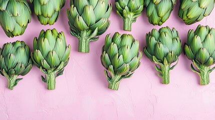 Obraz premium Fresh artichokes pattern on pink background, healthy food concept