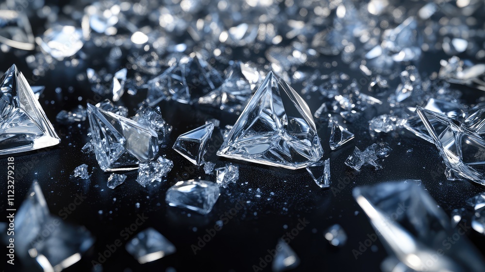 Poster geometric ice fragments scattered across a dark surface, with edges forming sharp, intricate pattern