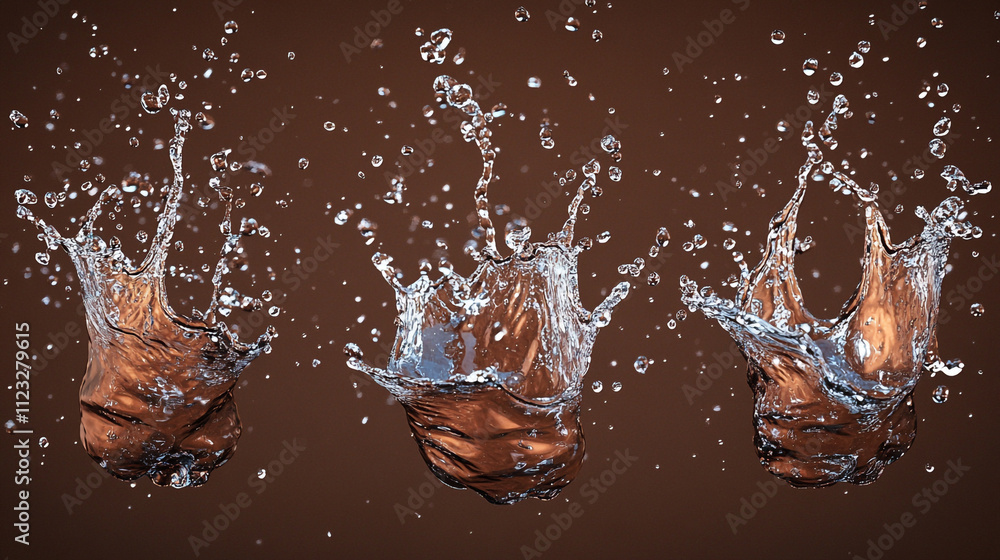 Poster water splashes captured in dynamic motion against a dark background