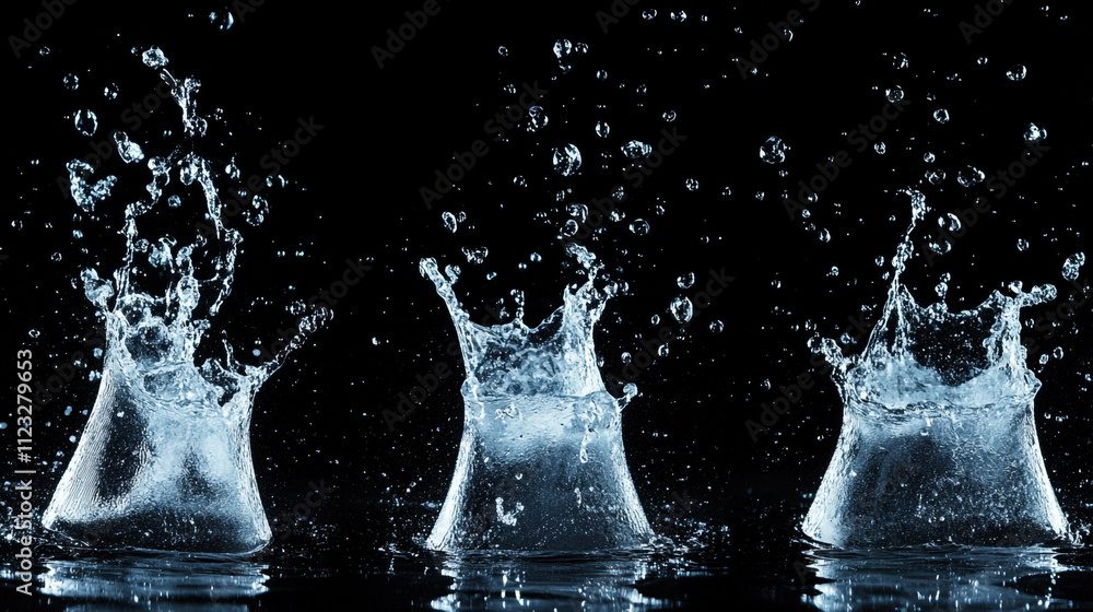 Poster water splashes created by dropping objects in dark surroundings at night