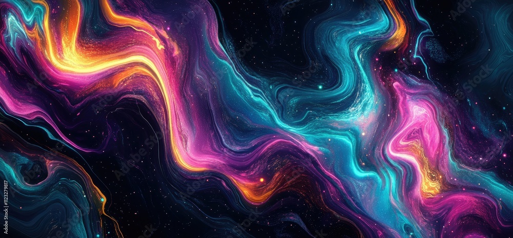 Poster a vibrant cosmic abstract design featuring swirling colors and dynamic patterns.