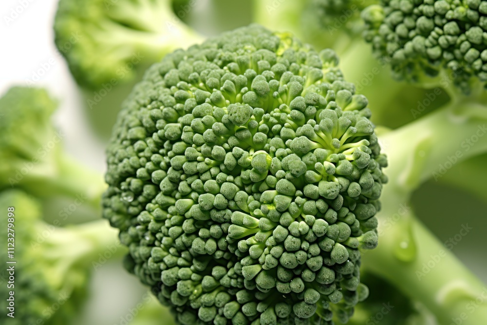 Poster a macro image of broccoli florets, capturing the tiny details and unique structure of the vegetable.