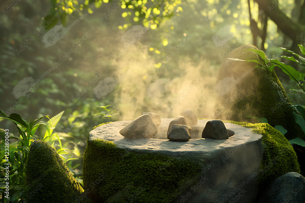 Poster a serene forest scene with steam rising from a stone structure surrounded by greenery.