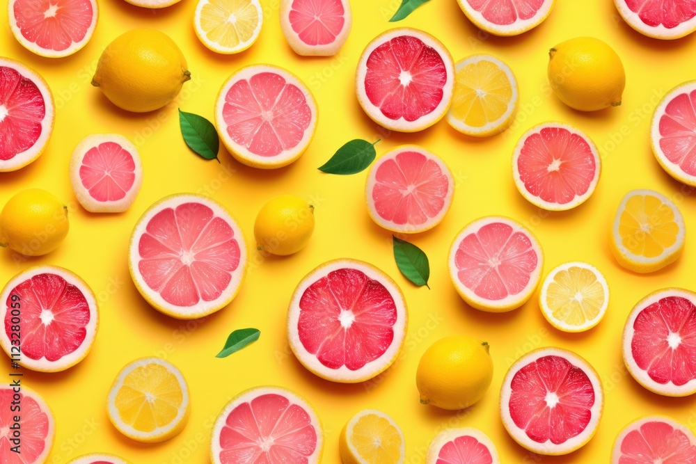 Poster a mix of whole lemons and lemon slices arranged in a repeating pattern on a bright pink background, 