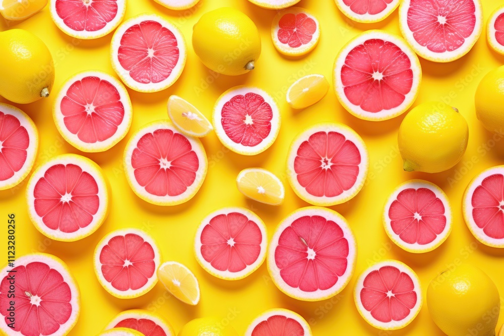 Poster a mix of whole lemons and lemon slices arranged in a repeating pattern on a bright pink background, 
