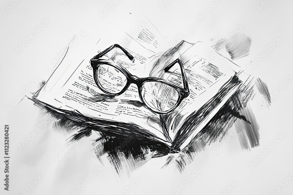 Aufkleber glasses rest on an open book suggesting reading and knowledge