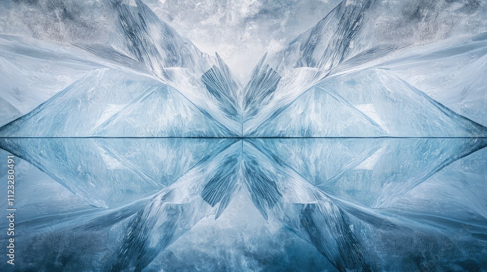 Poster ice blocks arranged to form a symmetrical, geometric pattern, with sharp lines and cool reflections 