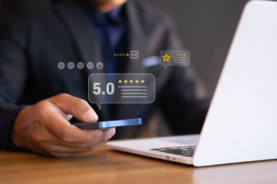 Online customer satisfaction survey. Customer rating service based on application experience. Consumers provide five-star rating and quality feedback checks. ranking