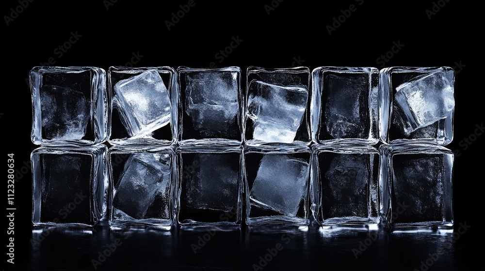 Poster ice blocks arranged to form a symmetrical, geometric pattern, with sharp lines and cool reflections 