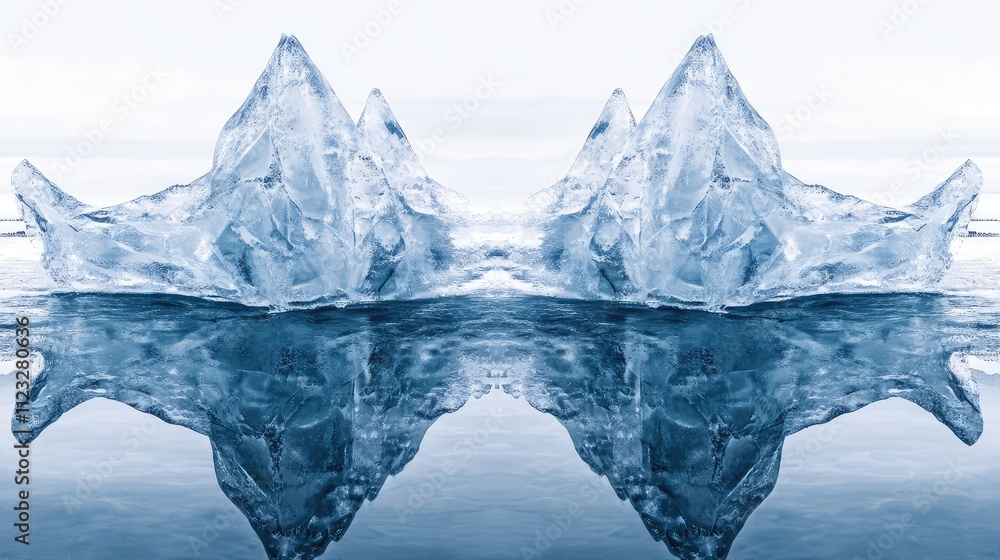 Poster ice blocks arranged to form a symmetrical, geometric pattern, with sharp lines and cool reflections 