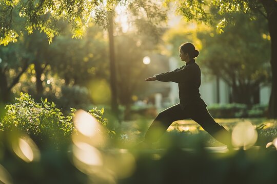 Woman practicing Tai Chi in tranquil park at sunrise