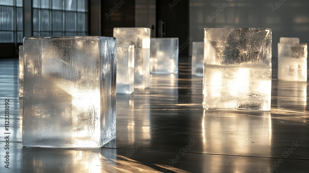 Poster ice blocks artfully arranged into an open space, with light refracting through their transparent sur