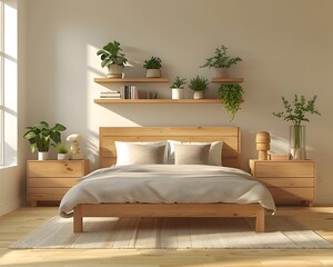 A bedroom with a wooden bed, nightstand, and dresser