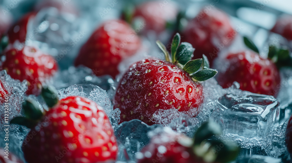 Poster fresh strawberries resting on ice cubes in a cool setting