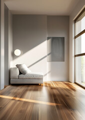 Fototapeta premium A modern living space featuring stylish chaise lounge, warm wooden flooring, and natural light streaming through large windows, creating serene atmosphere