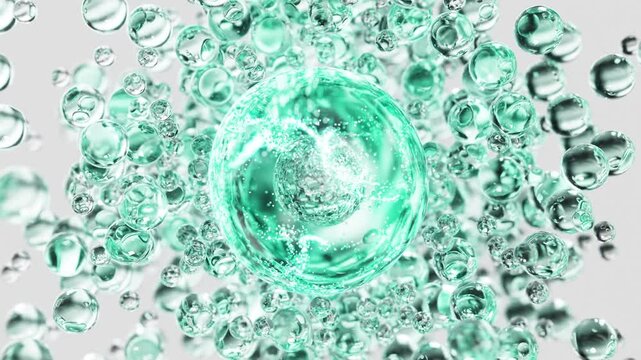 Turquoise cosmetic serum with liquid bubbles in a 3D abstract background. Hydrating essence gel enriched with collagen molecules. Moisturizing cream or oil for advanced skincare, beauty.