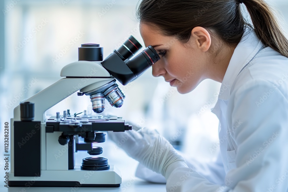 Poster focused scientist using microscope in laboratory setting.
