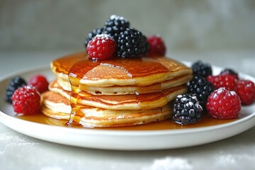 Stack of pancakes with berries and syrup on plate