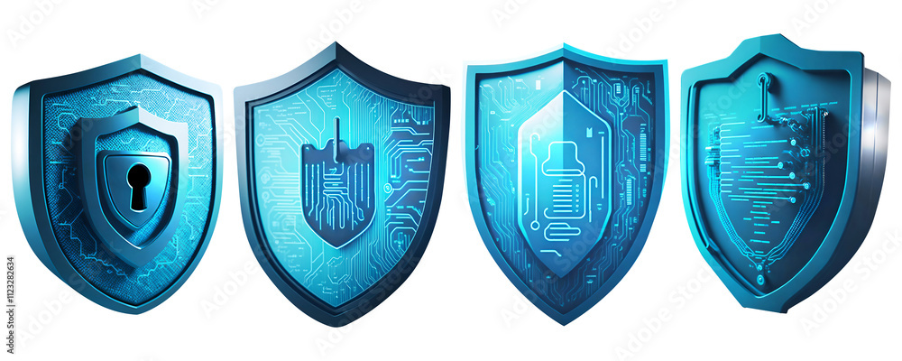 Poster cyber security and data protection of private information. locks of blue shield concept. ai generati