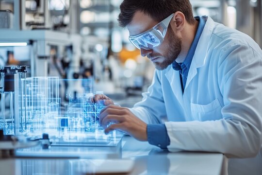 Scientist examining holographic projection in lab