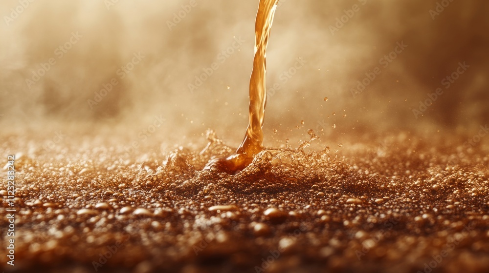 Poster splash coffee. a close-up image of a fluid pouring, creating a rich texture and bubbles, highlightin