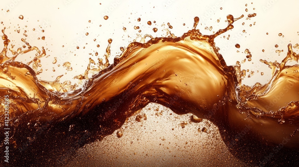 Poster splash coffee. a dynamic splash of brown liquid creating elegant waves, capturing motion and energy 
