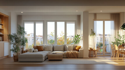 Obraz premium A bright and airy living room features large sectional sofa adorned with cushions, surrounded by lush greenery and natural light streaming through large windows. warm decor creates cozy atmosphere