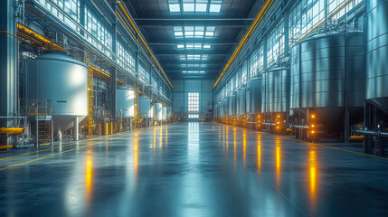 Fototapeta premium A spacious, modern industrial hall with gleaming floors and large cylindrical tanks, brightly lit