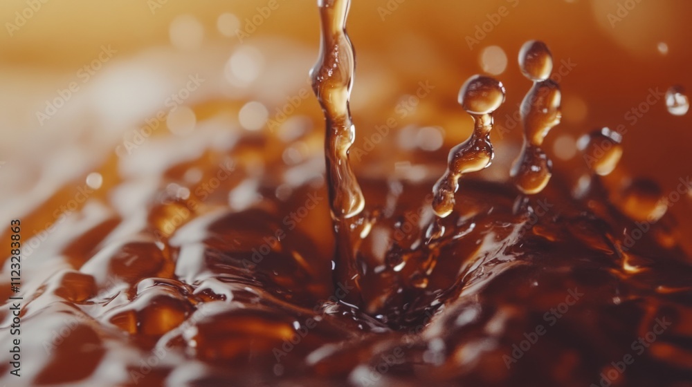 Poster splash coffee. a close-up of brown liquid splashing, capturing the dynamic movement and texture of w