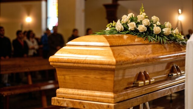 Wooden casket adorned with white roses at a funeral service with attendees in a solemn atmosphere