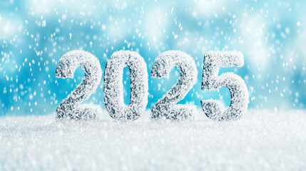  snowy 2025 text with winter background and falling snow