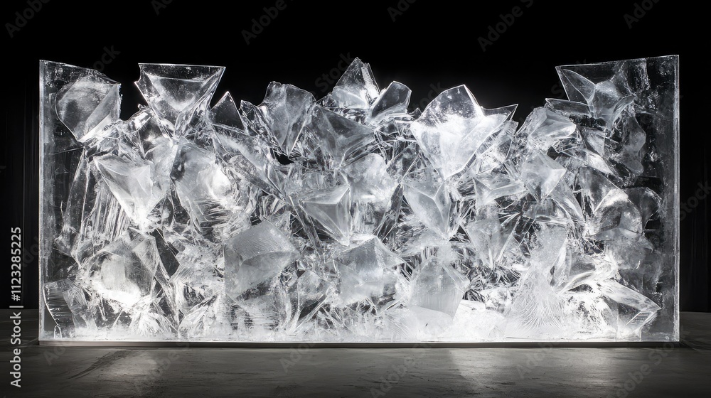 Poster ice panels arranged in a fragmented, abstract design, with intricate cuts and shapes creating a visu