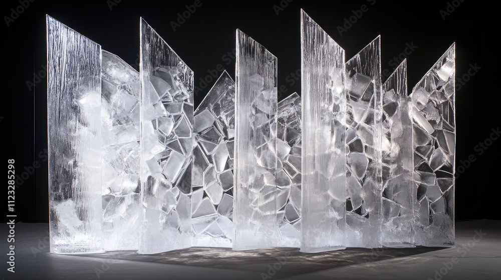 Poster ice panels arranged in a fragmented, abstract design, with intricate cuts and shapes creating a visu