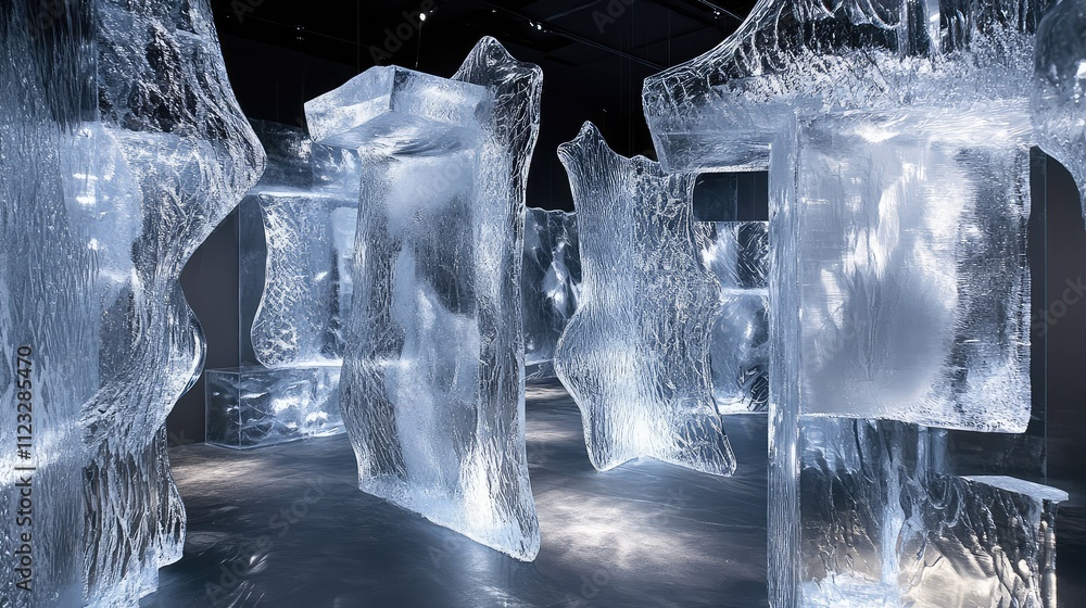 Poster ice panels arranged in a fragmented, abstract design, with intricate cuts and shapes creating a visu