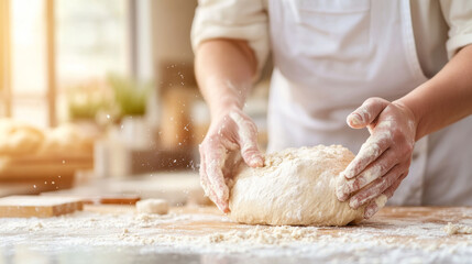Fototapeta premium Kneading dough on wooden surface, bakers hands are covered in flour, showcasing art of bread making. warm kitchen atmosphere enhances joyful experience of baking