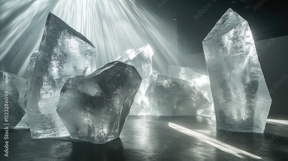 Poster ice sculpted into abstract shapes, arranged to create an immersive art installation with light strea